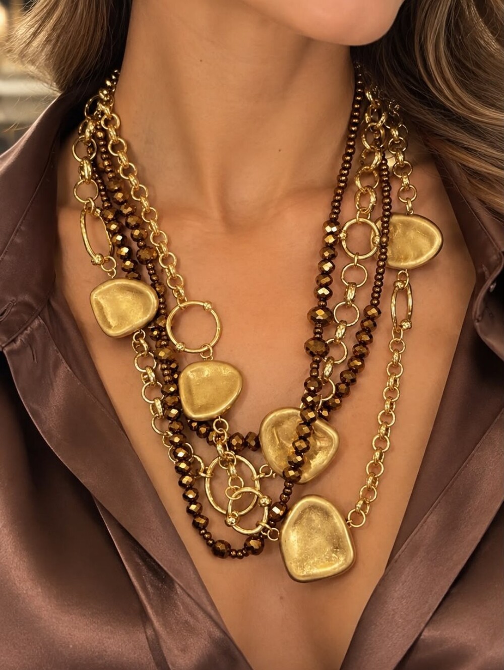 A3 Gold Multi-Strand Stone & Bead Necklace - Elegant Women’s Jewelry